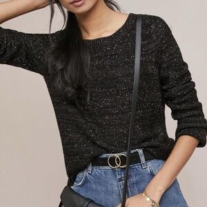 Anthropologie Moth Sweater Women's M Black Metallic Scallop Hem Knit Top